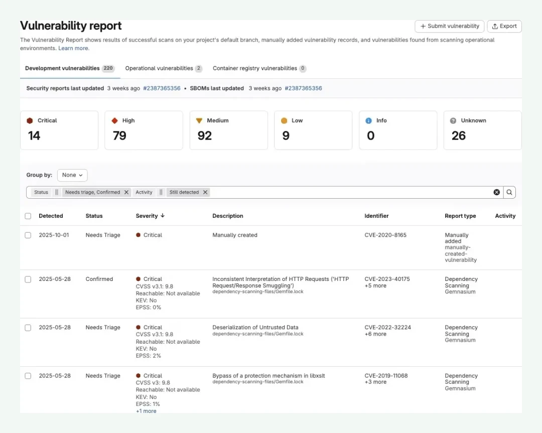 GitLab 취약점 리포트 화면