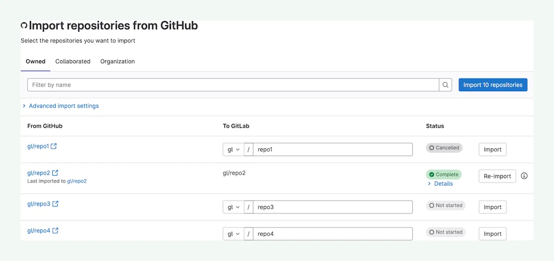 GitLab 저장소 이관(Import repositories) 화면