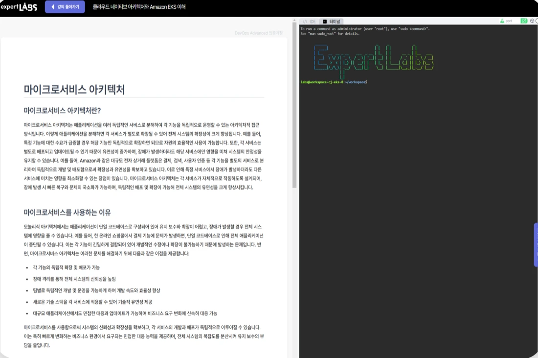expertLABS 실습 화면 — 왼쪽에 교재, 오른쪽에 실습용 IDE와 터미널이 함께 열려 있다